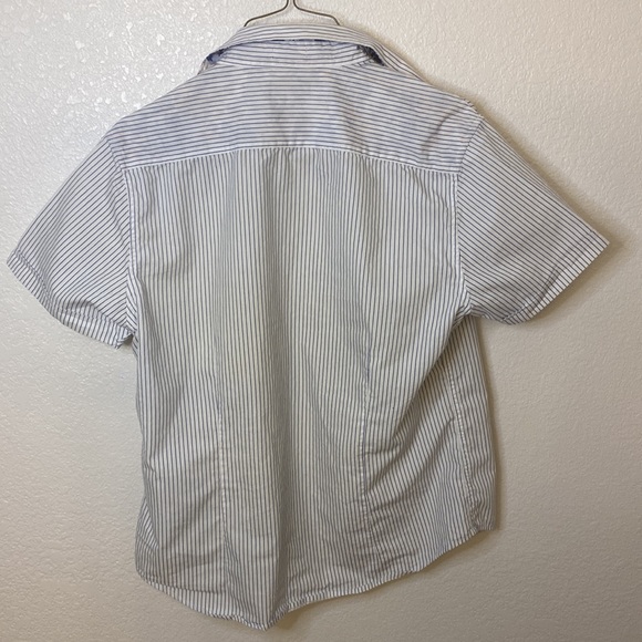 Large, white with blue stripes button up short sleeve dress shirt. - Picture 2 of 4